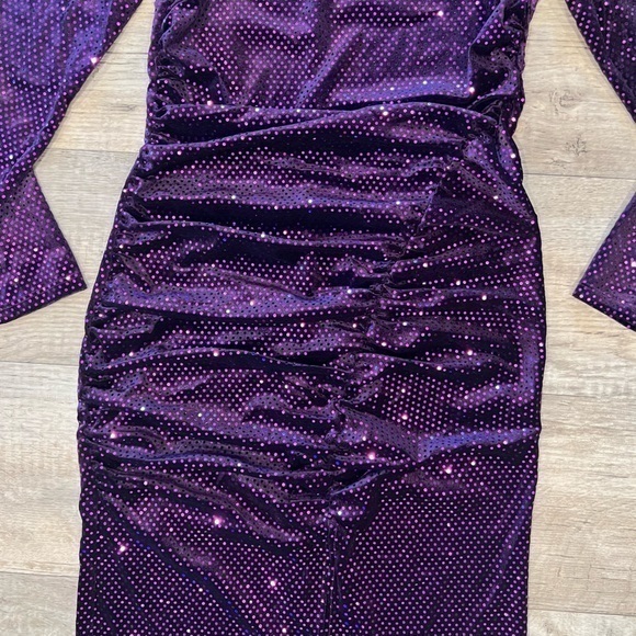 NWT ZARA Sparkly Purple Midi Long Sleeve Dress w Slit & Ruching keyhole back - Picture 10 of 17